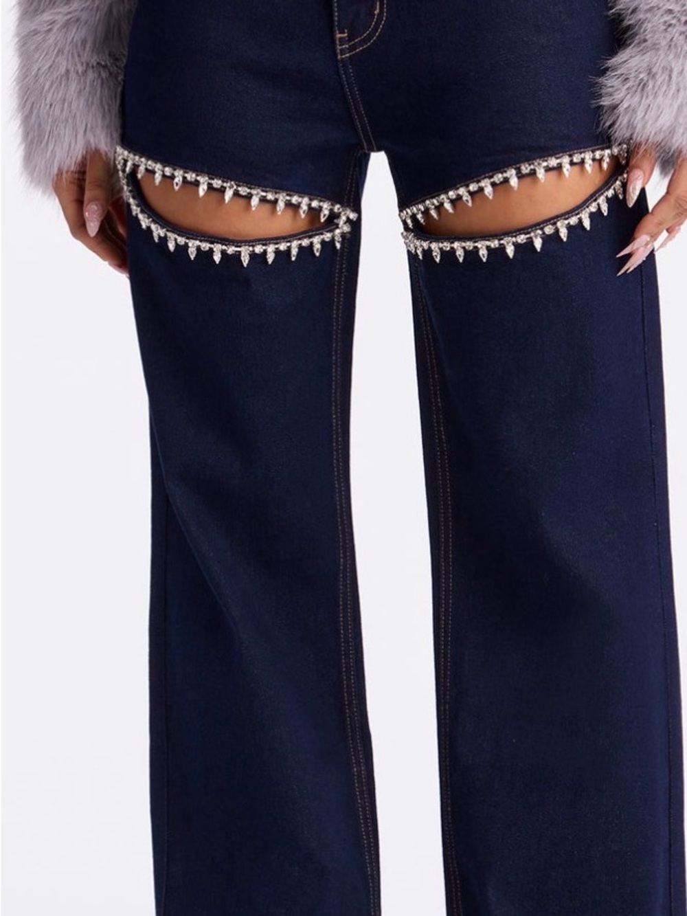 Fashion Nova Dark Blue Wide-Leg Jeans with Crystal Thigh Cutouts
